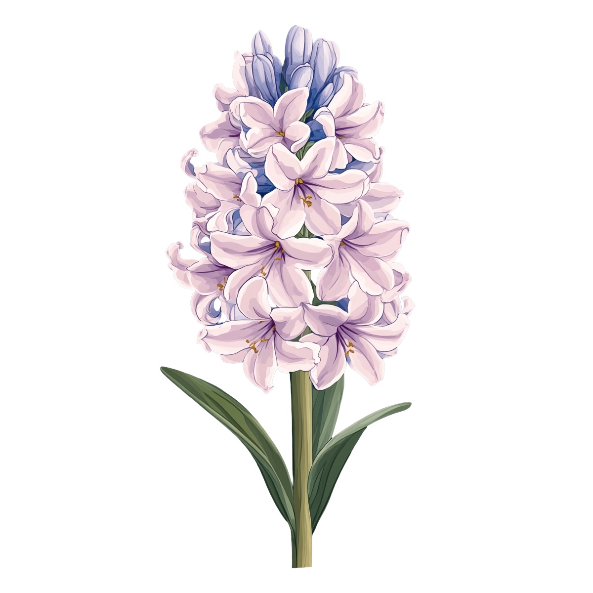 Pink and blue hyacinth flowers with green leaves in detailed clipart style.