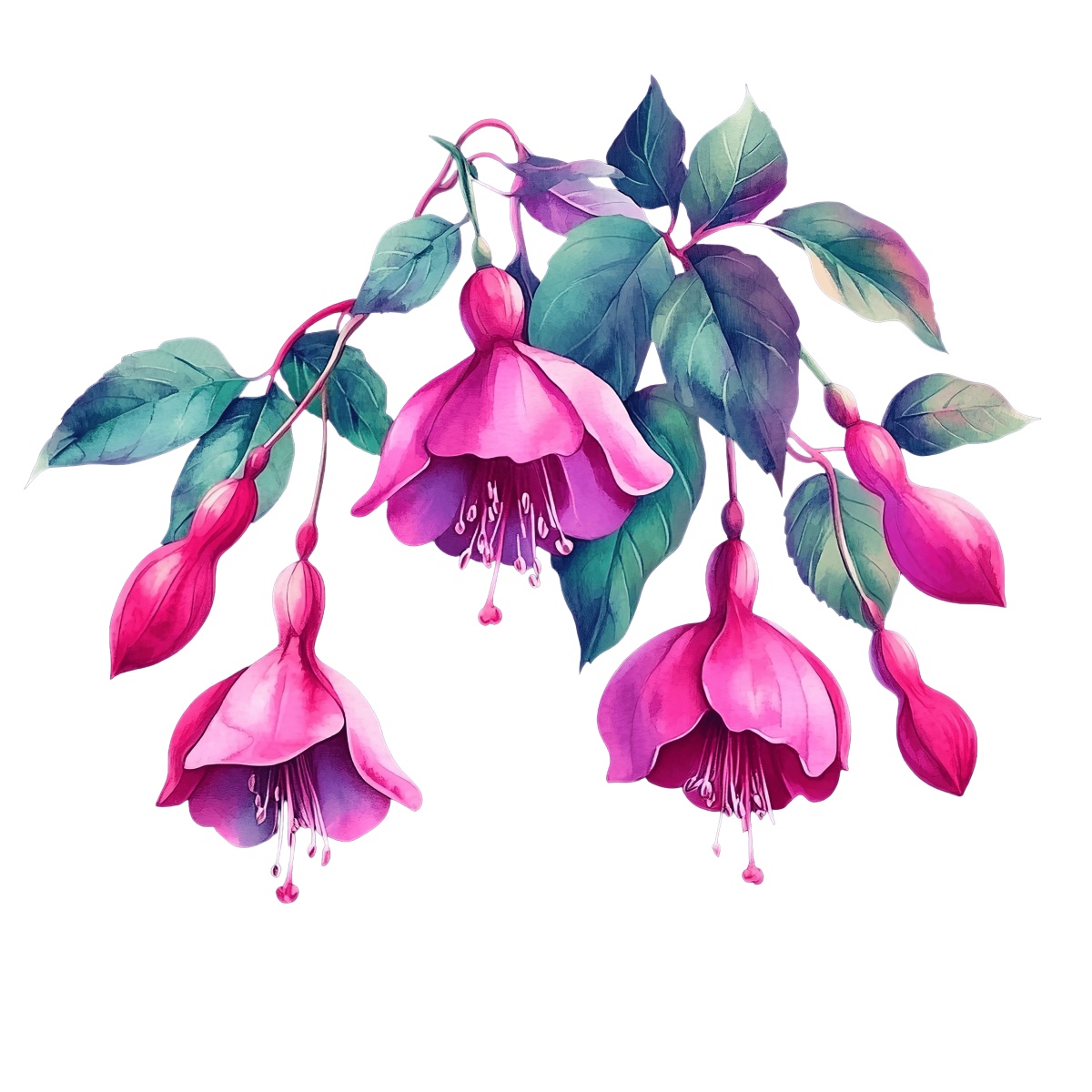 Pink and purple fuchsia flowers with green leaves on a black background.