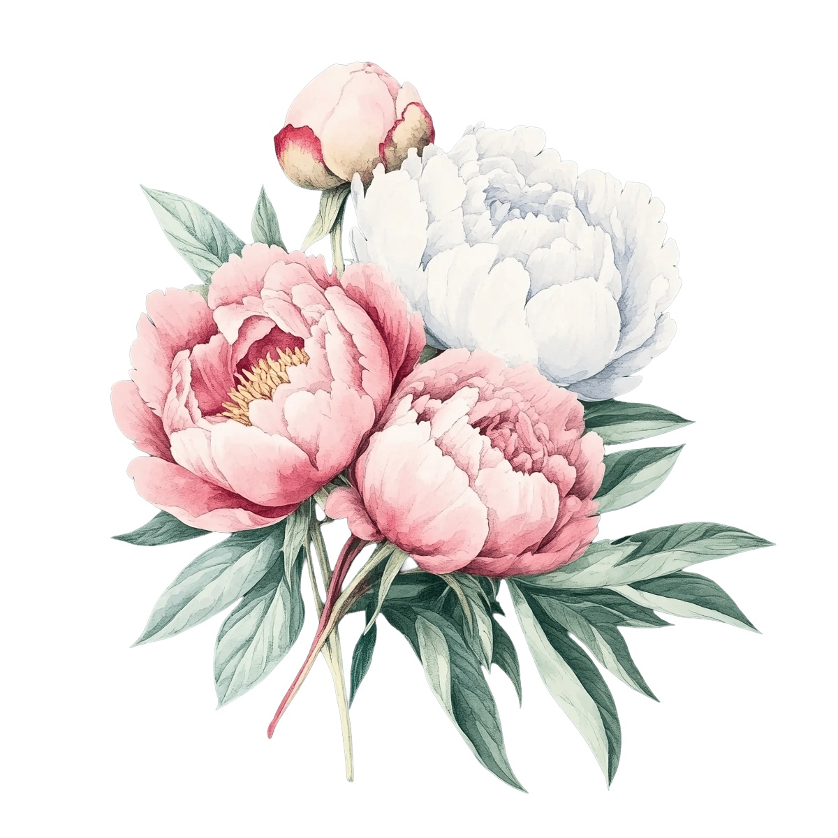 Pink and white peony flowers with green leaves on a black background.