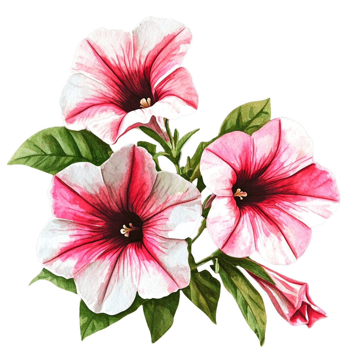 Pink and white petunia flowers with green leaves on a black background.