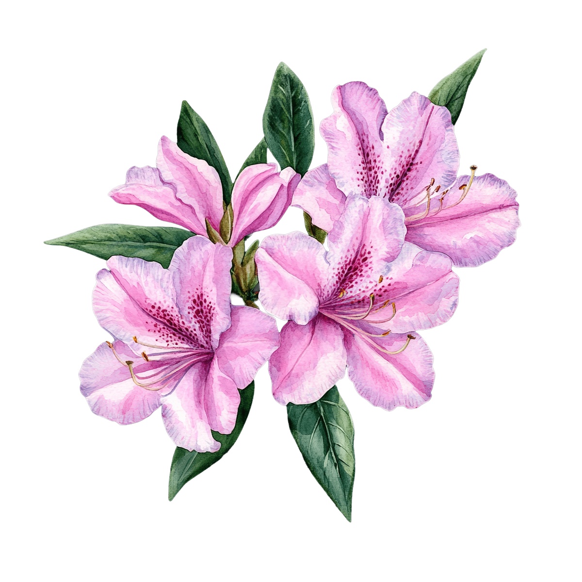 Pink azalea flowers with green leaves arranged on a black background.