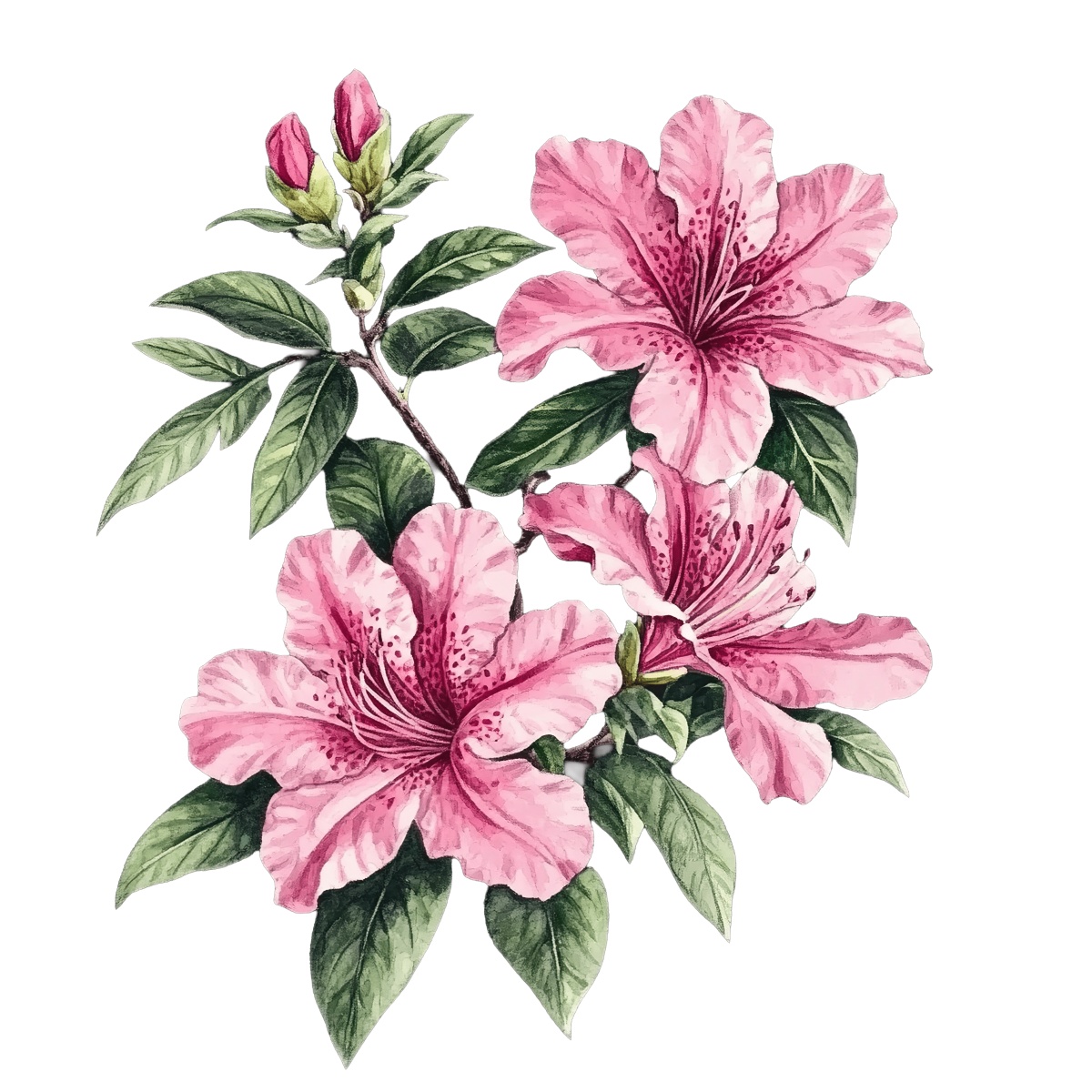 Pink azalea flowers with green leaves against a black background in watercolor style.