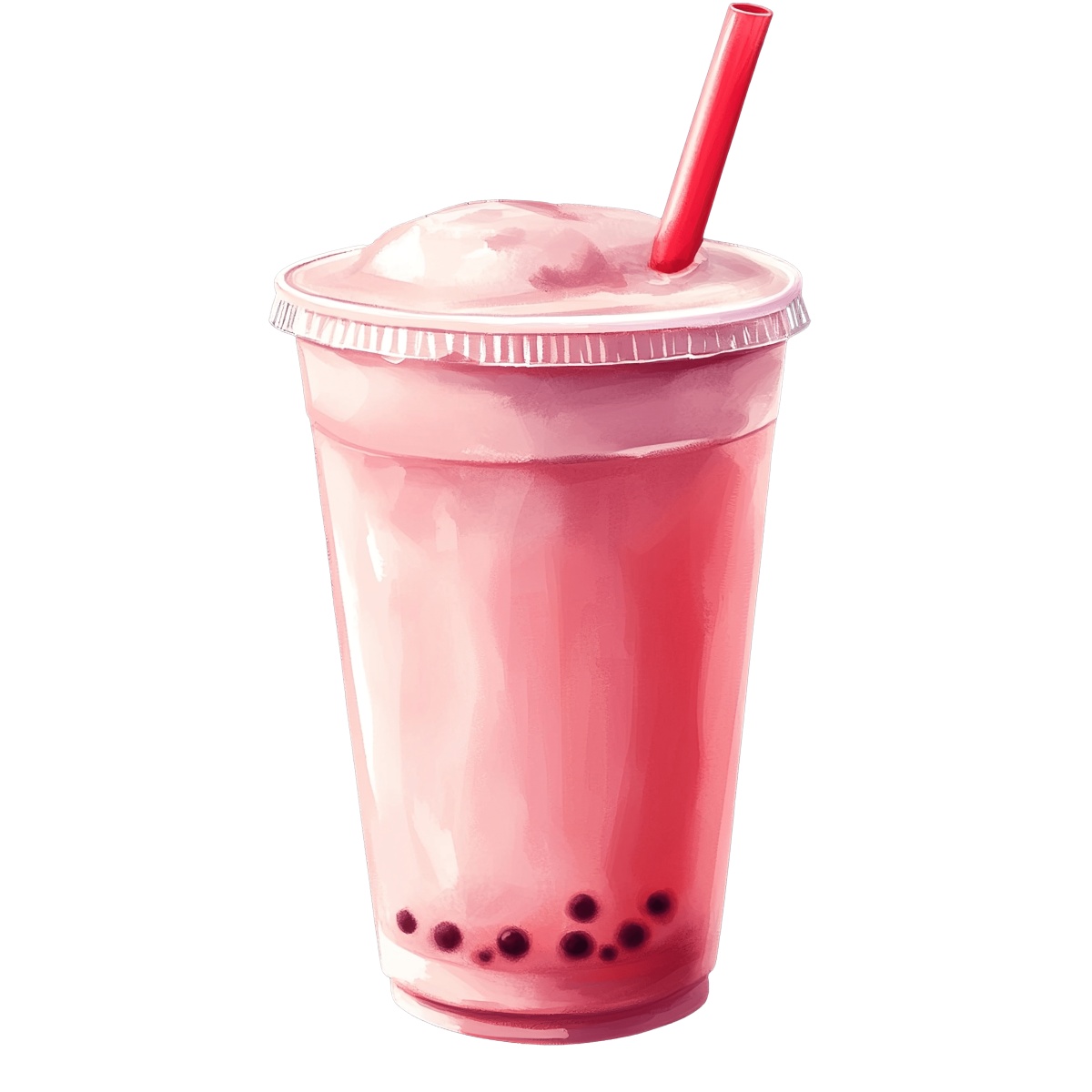 Pink bubble tea in a plastic cup with a red straw and tapioca pearls.