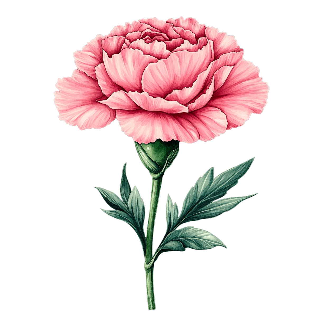 Pink carnation flower with detailed petals and green leaves on a black background.