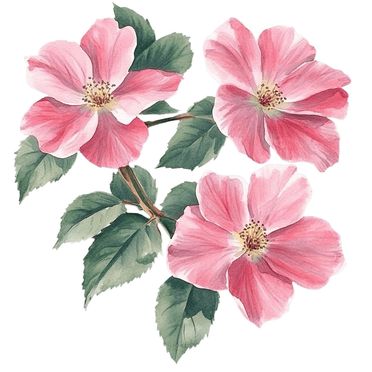 Pink dogwood flowers and green leaves on a brown stem in watercolor style.