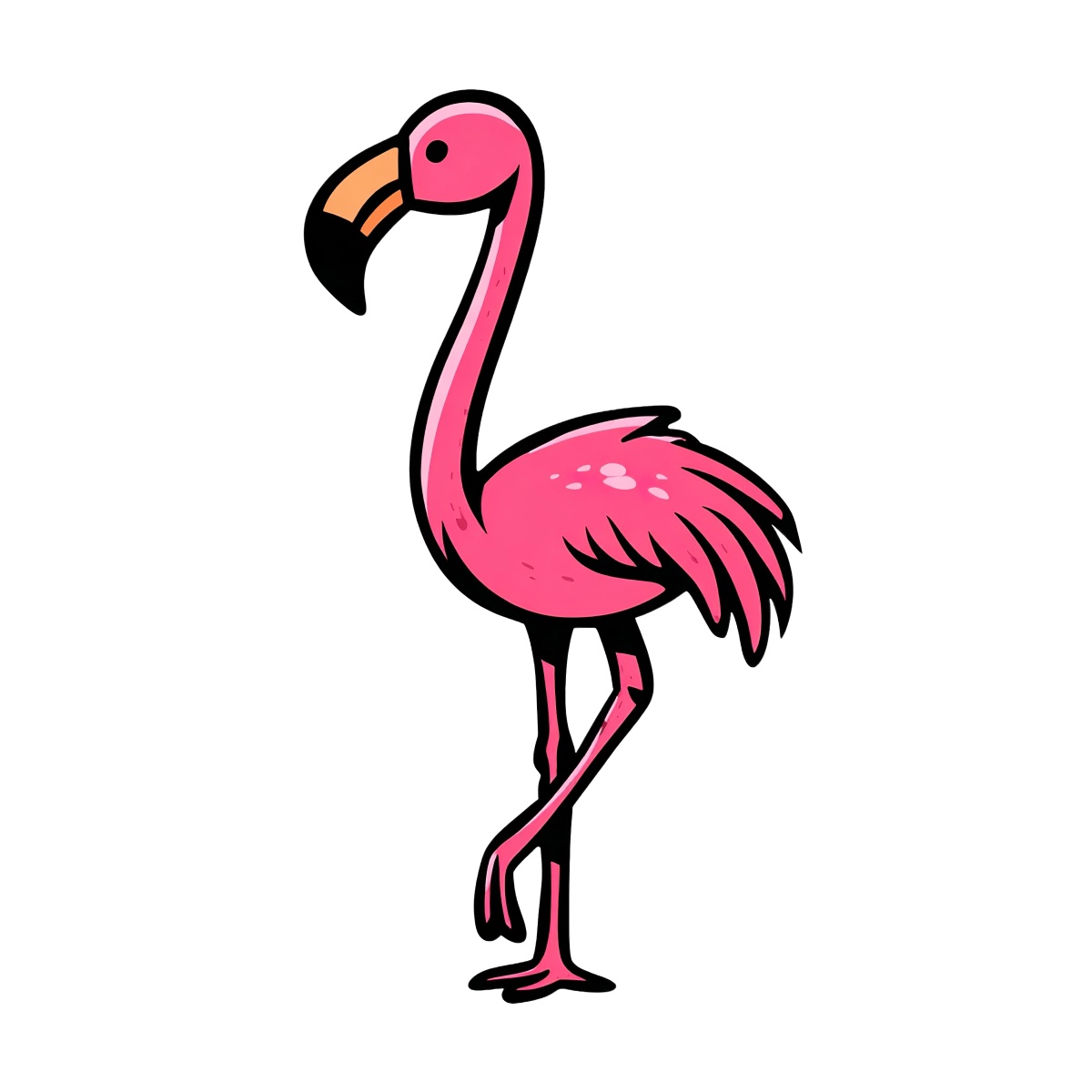 Pink flamingo with black beak standing on one leg, cartoon style.