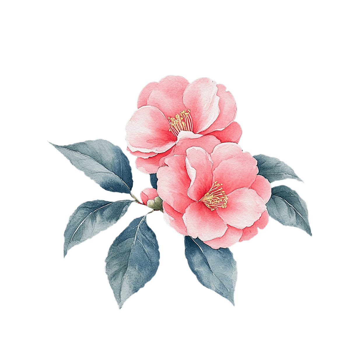 Pink flowers with green leaves in watercolor on a black background.