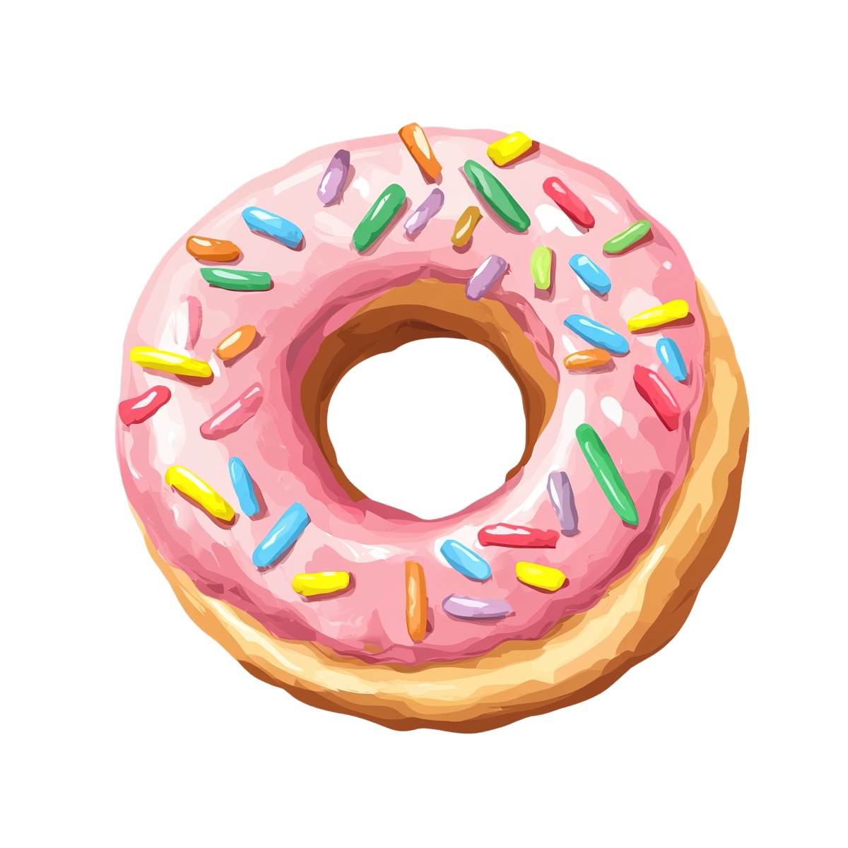 Pink frosted donut with colorful sprinkles in a vector clipart style.