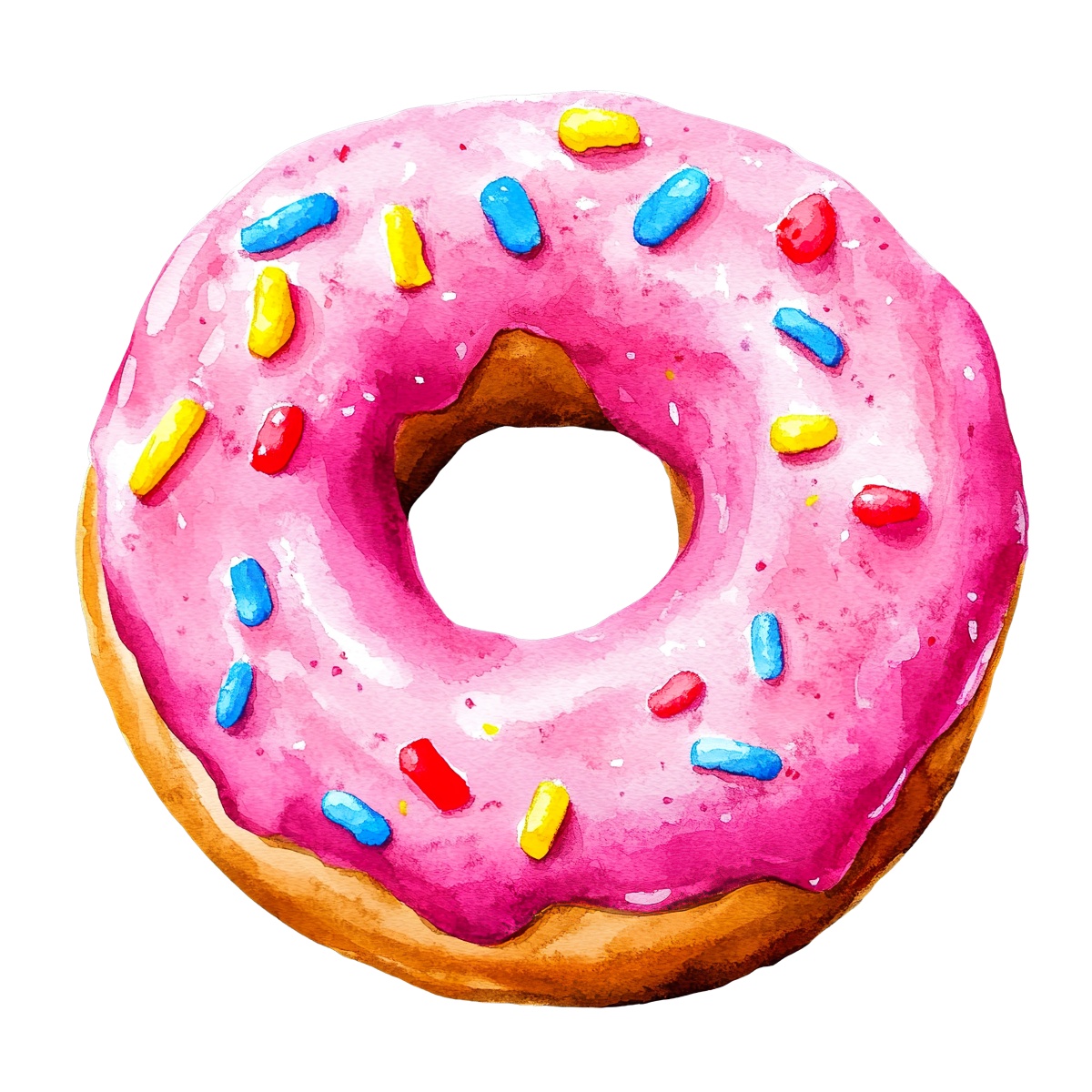 Pink frosted donut with colorful sprinkles in a clipart style.