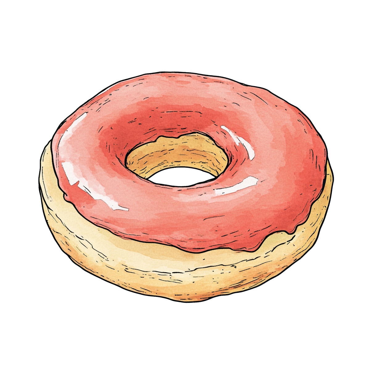 Donut with pink frosting and glossy glaze on top.