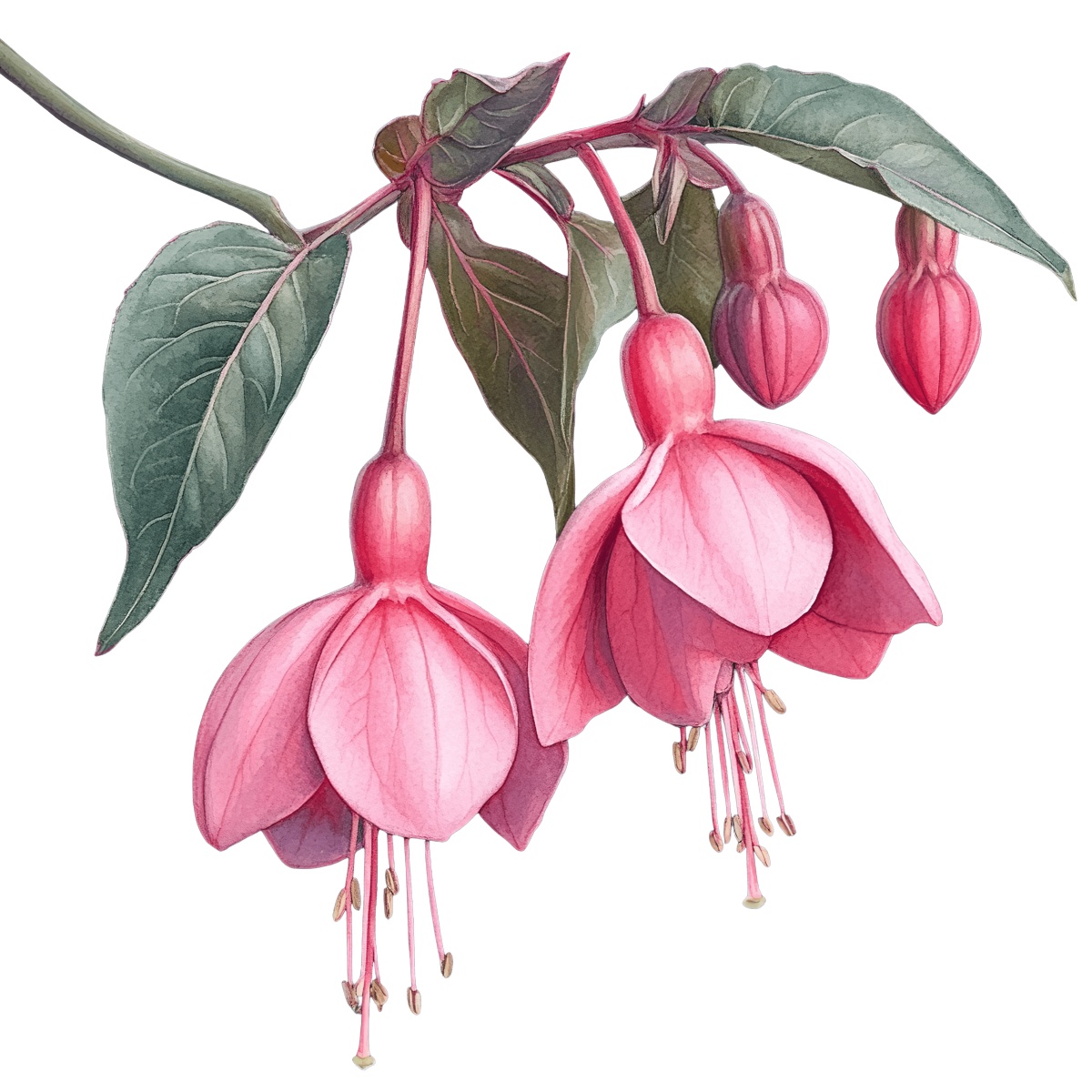 Pink fuchsia flowers with green leaves hanging against a black background.