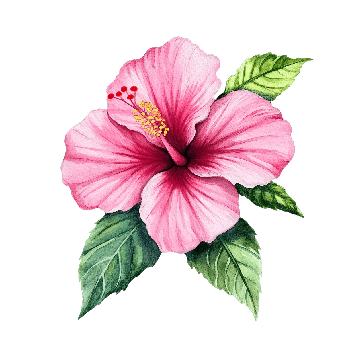 Pink hibiscus flower with green leaves on a dark plain background.