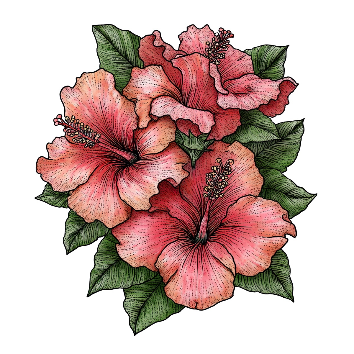 Pink hibiscus flowers with green leaves
