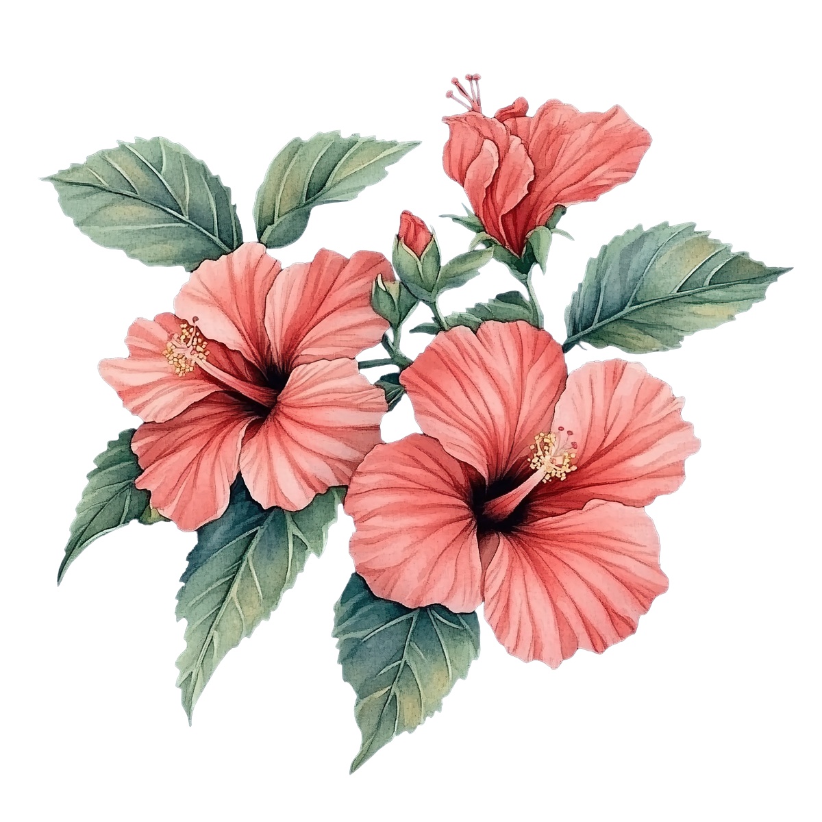 Pink hibiscus flowers with green leaves in detailed botanical clipart.