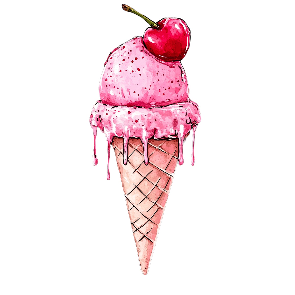 Pink ice cream cone with a cherry on top, dripping slightly.