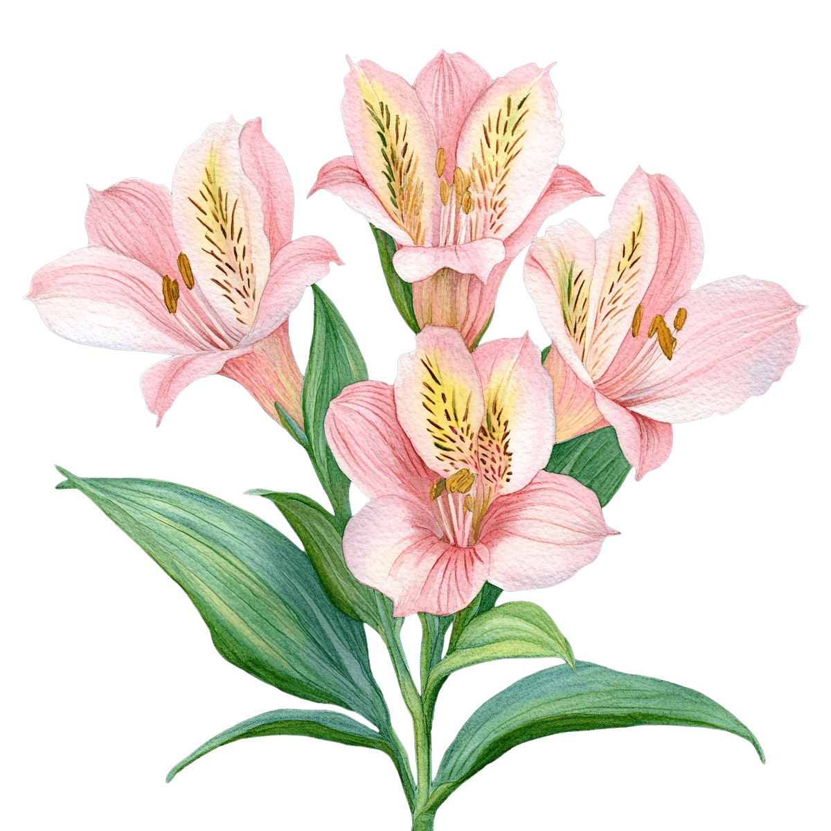 Pink lily flowers with green leaves in detailed watercolor illustration.