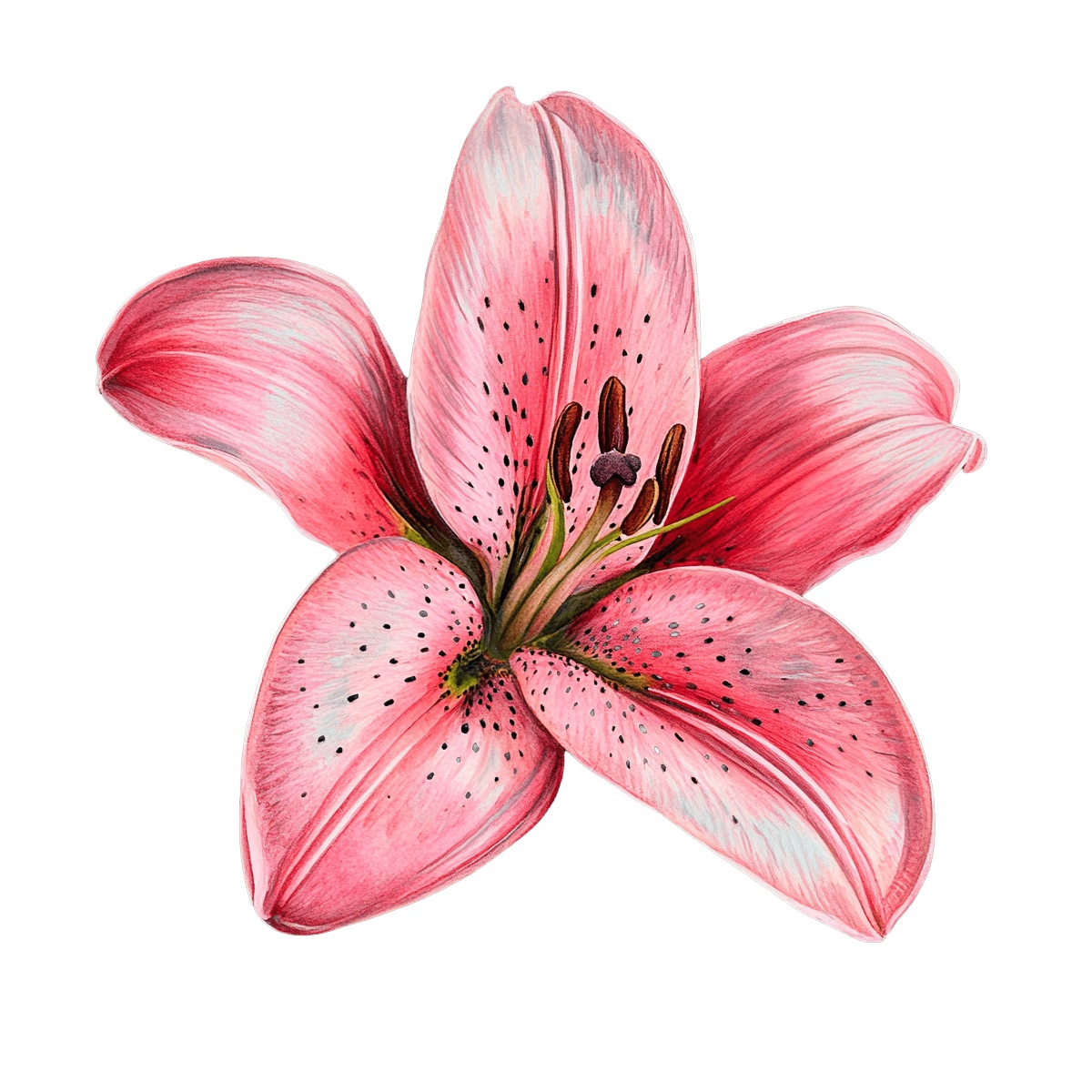 Pink lily flower with detailed petals on a black background.