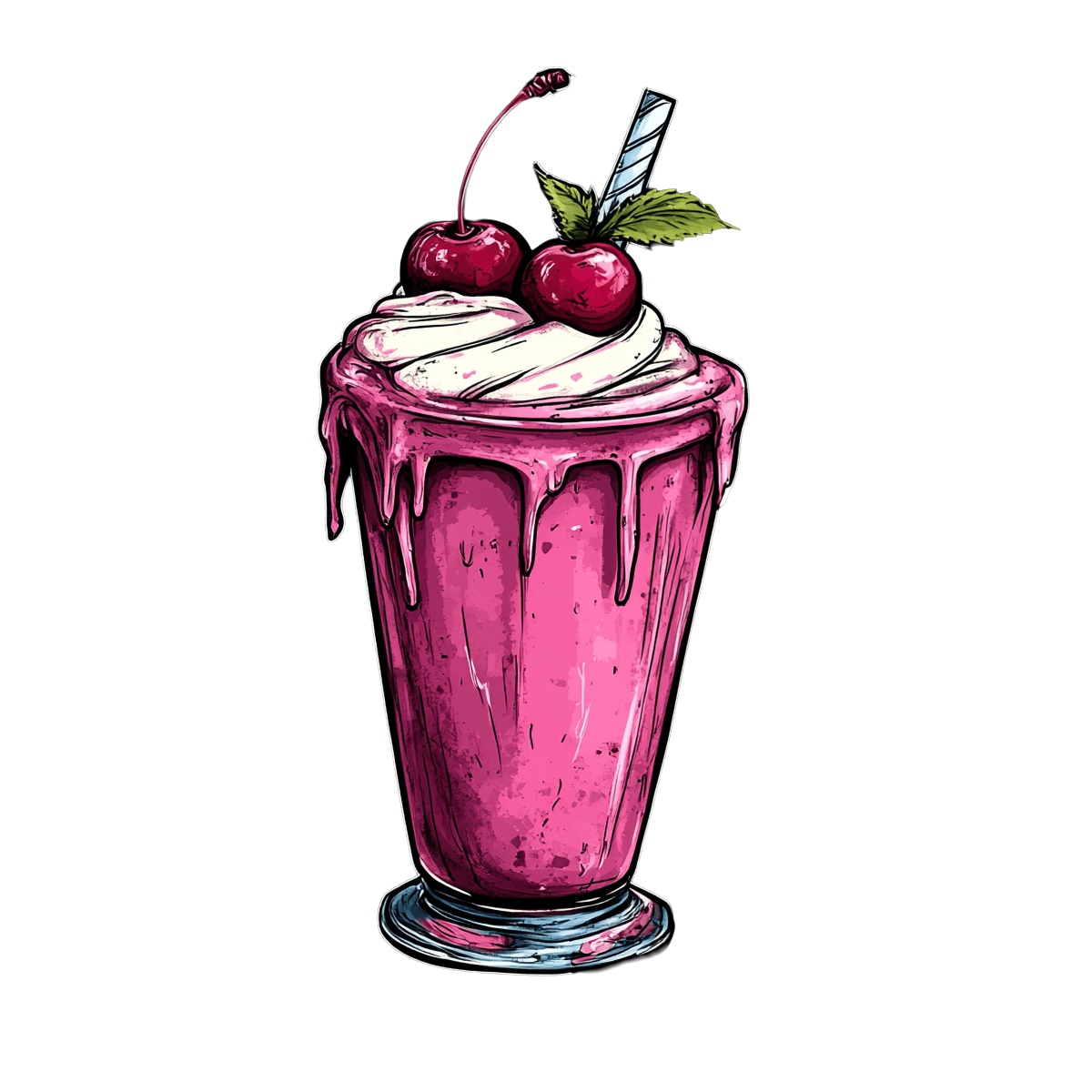 Pink milkshake with whipped cream and cherries, featuring a straw.