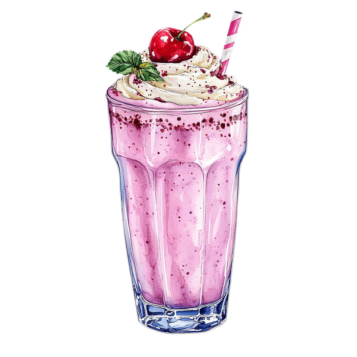 Pink milkshake with whipped cream and cherry in a glass.