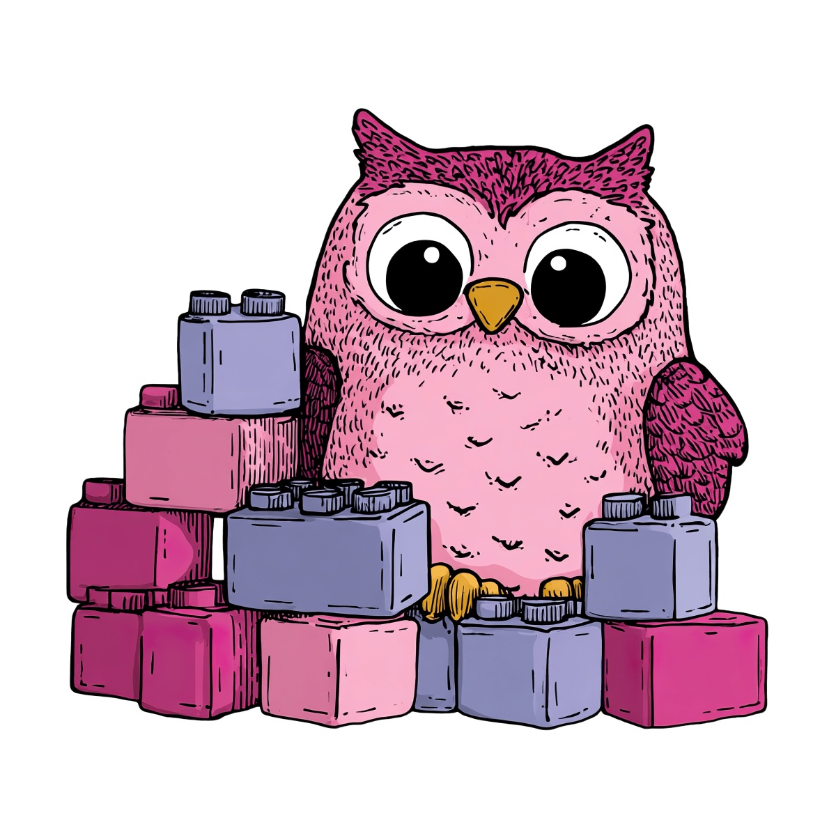 Pink owl with wide eyes next to colorful toy blocks.