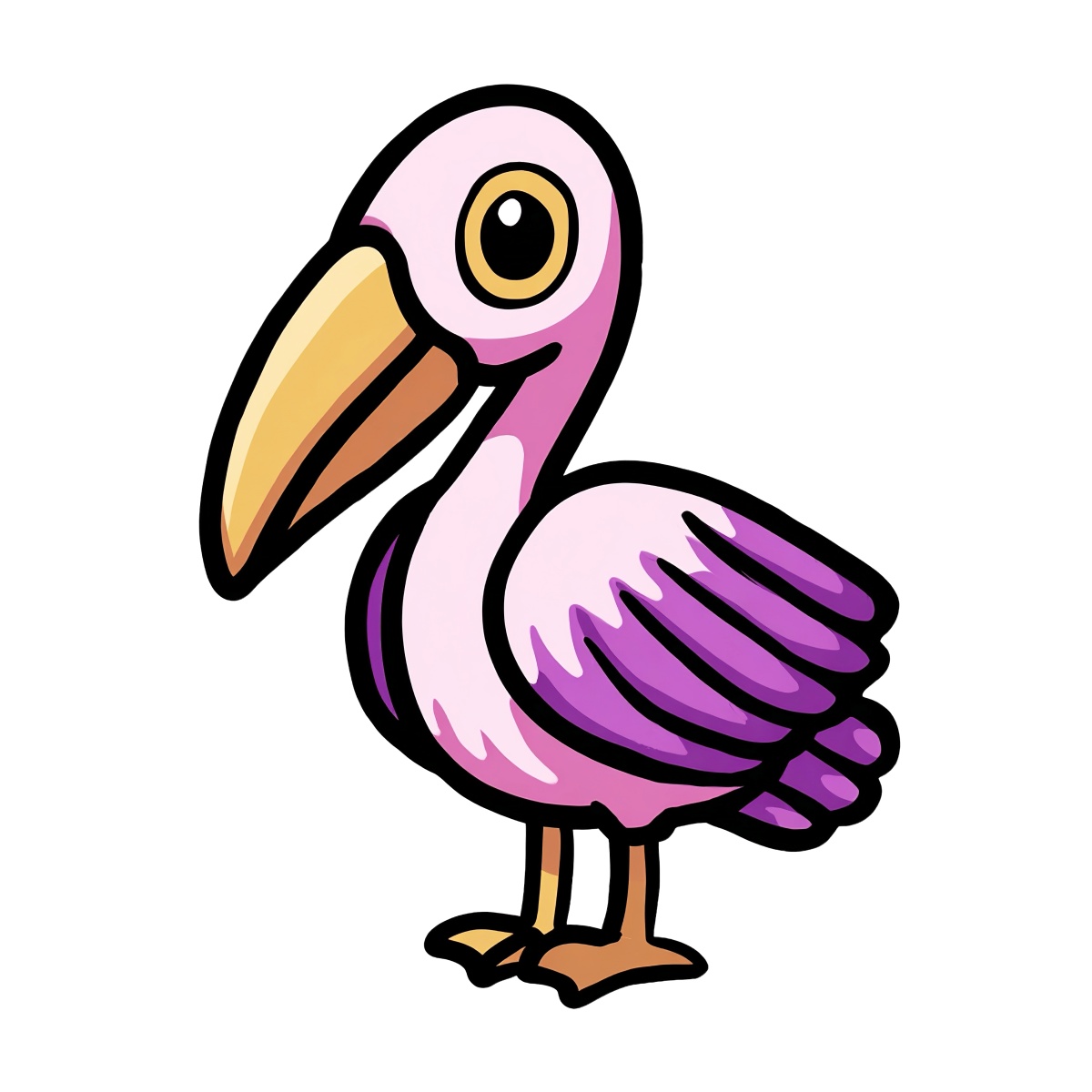 Pink pelican with large yellow beak and black outline in cartoon style.