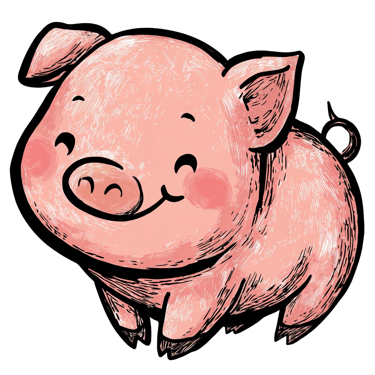 Illustration of a round pink pig with black details and a curled tail.