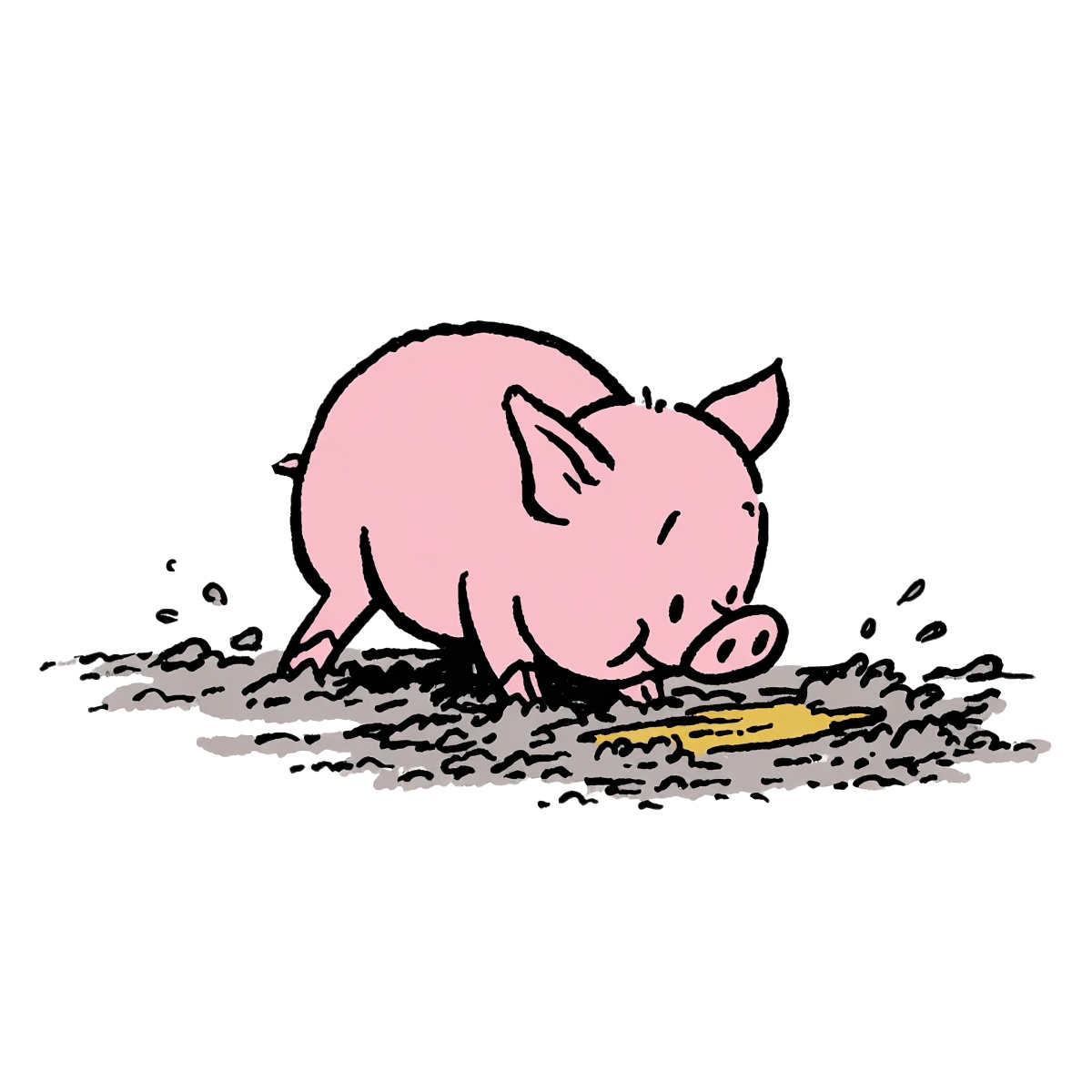 Pink pig in cartoon style standing in mud with a snout to the ground.