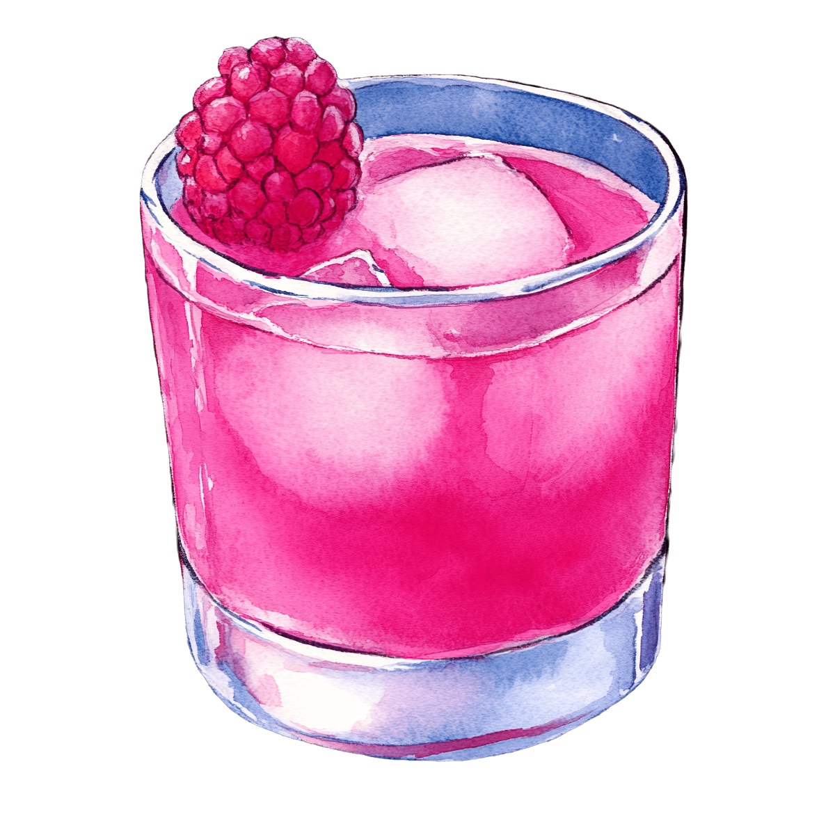 Pink cocktail with ice and raspberry garnish in a glass.