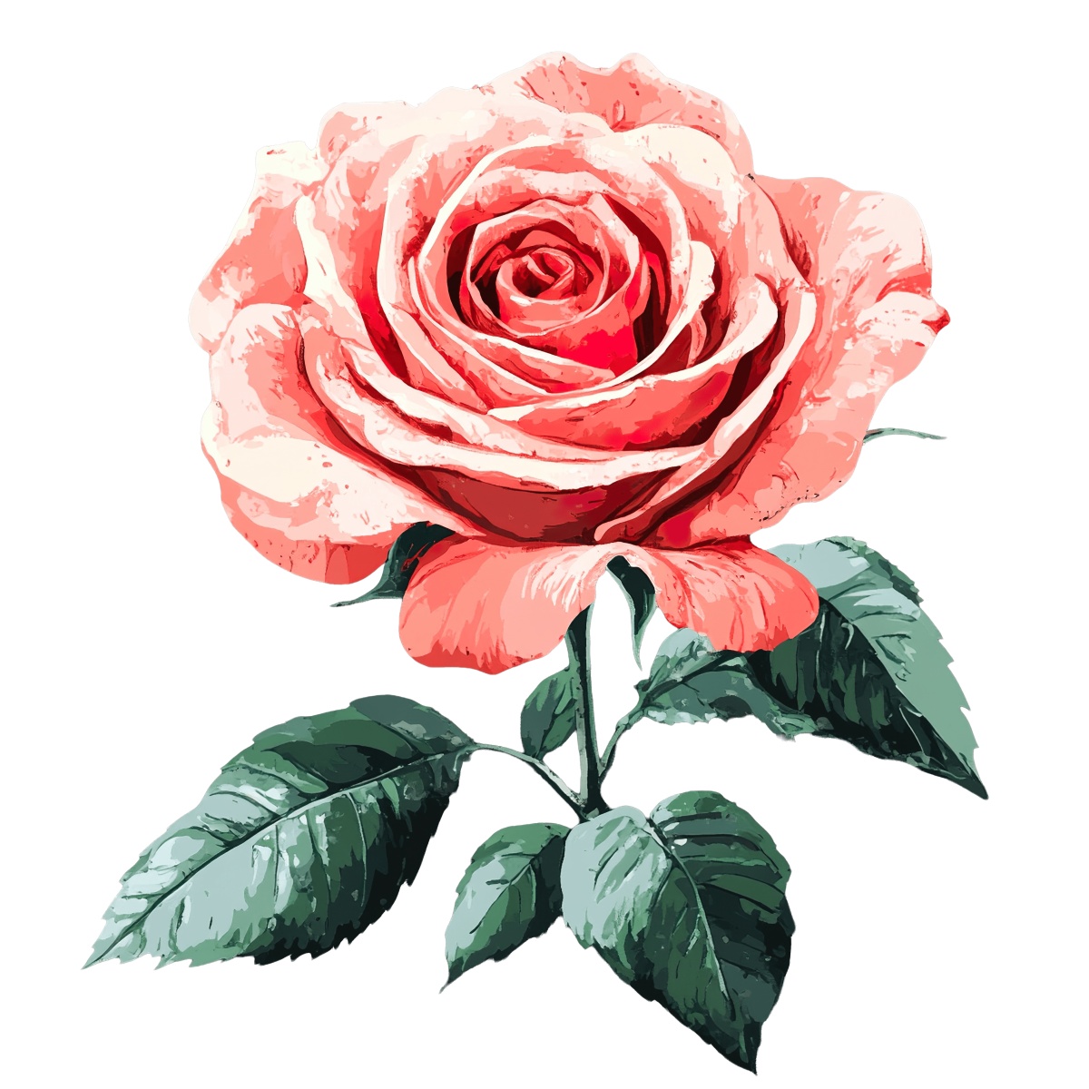 Pink rose with green leaves in a detailed clipart illustration on black.