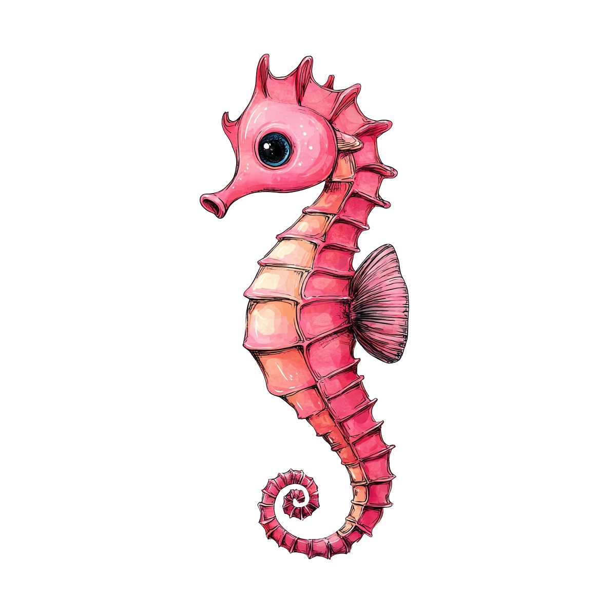 Pink seahorse with textured body and curled tail on a white background.