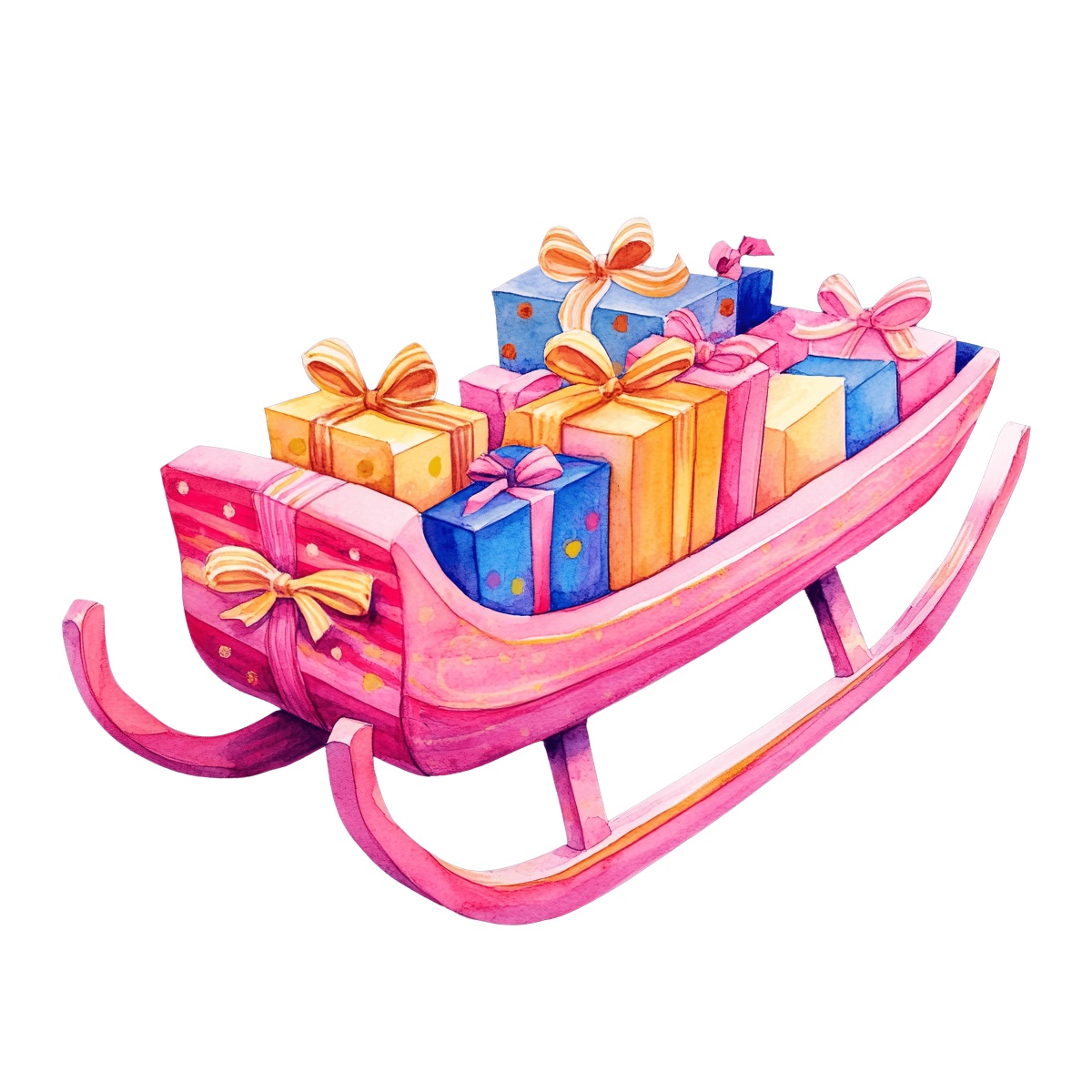 A pink sleigh loaded with colorful wrapped gift boxes and bows.