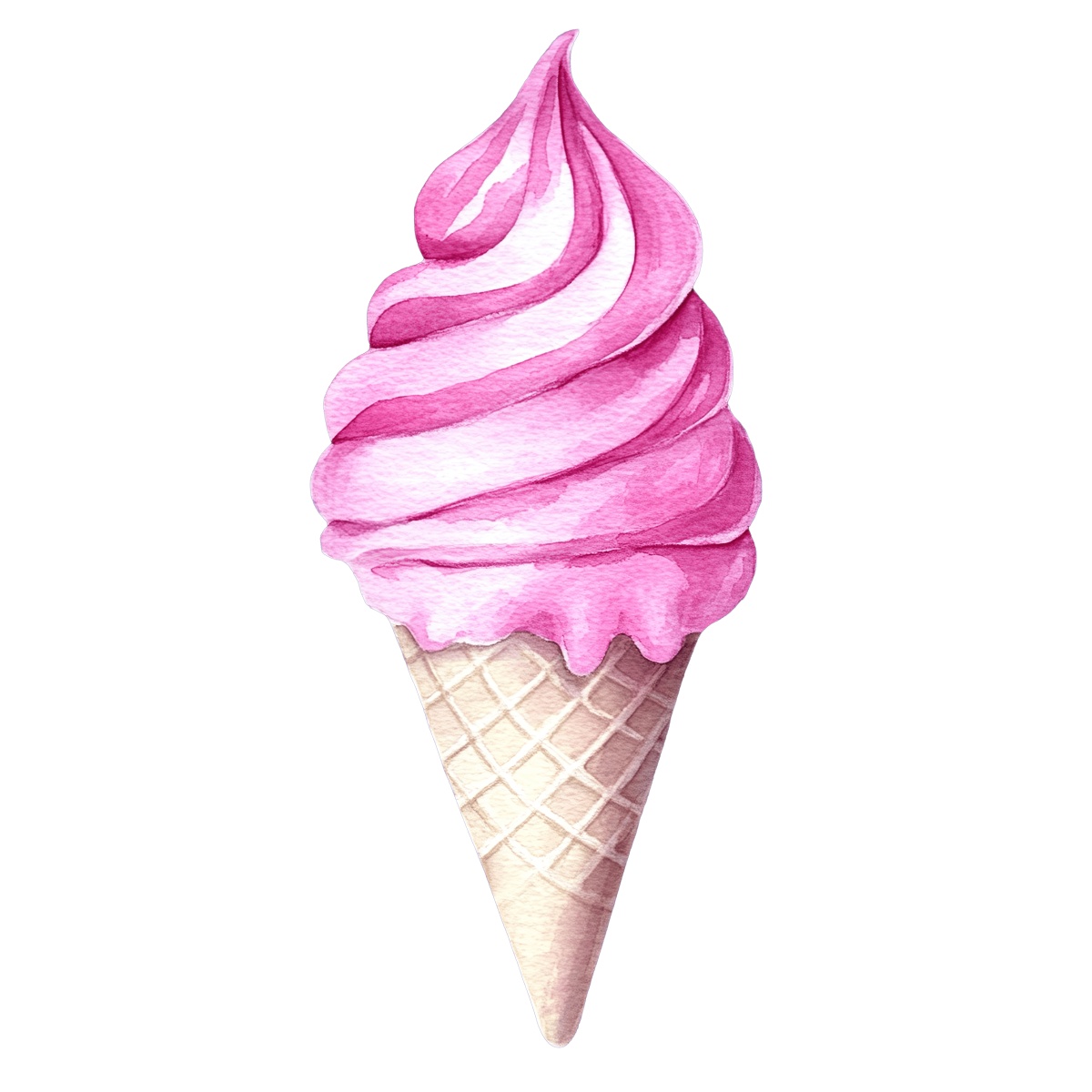 Pink soft serve ice cream cone with waffle cone.