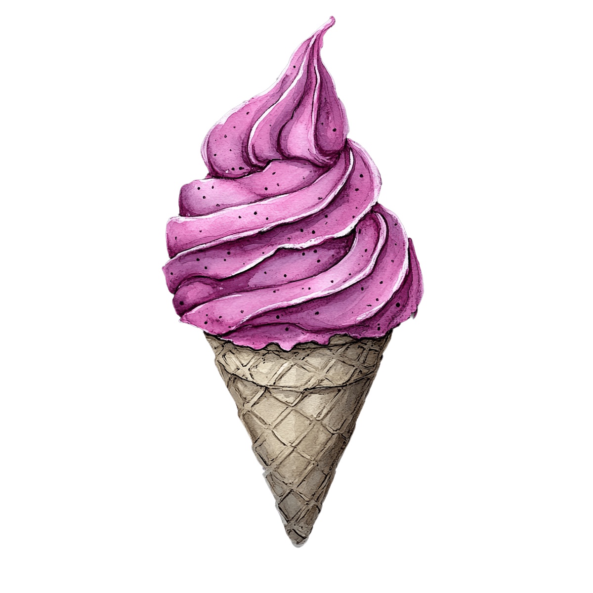 Pink soft serve ice cream in a waffle cone.