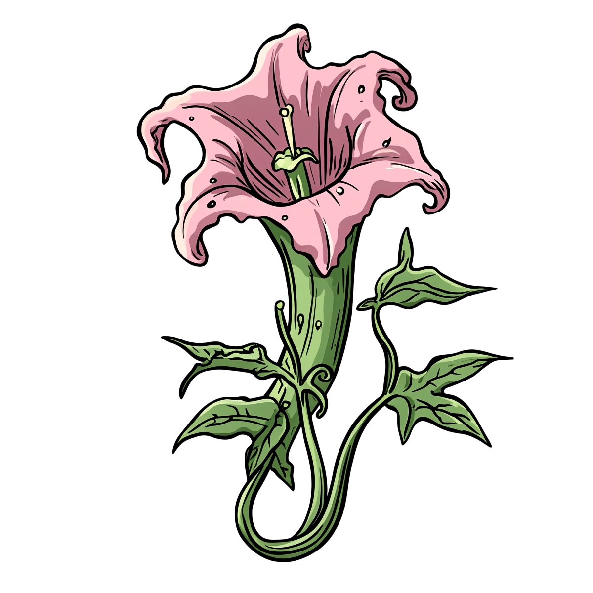 Pink trumpet-shaped flower with green leaves and stem in clipart style.