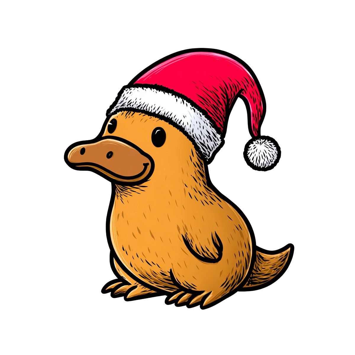 Platypus wearing a red Santa hat, cartoon style.