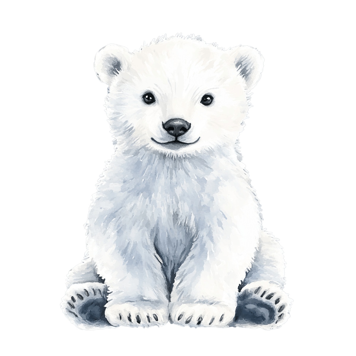 Polar bear cub with white fur sitting, detailed illustration.