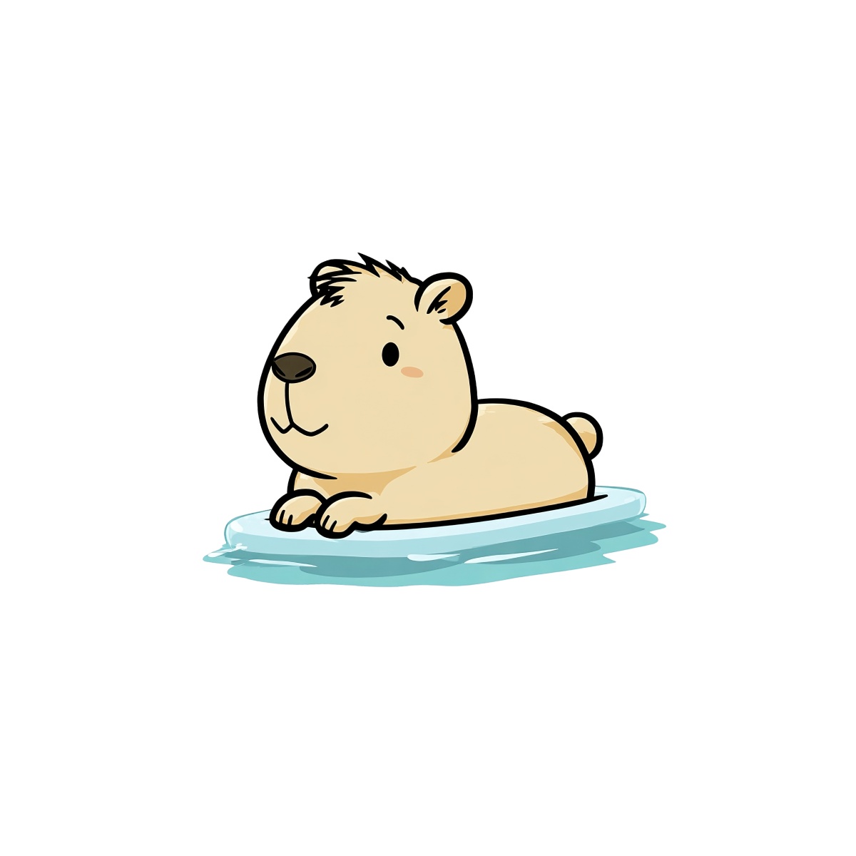 A cartoon polar bear sits on a blue ice sheet in beige color.