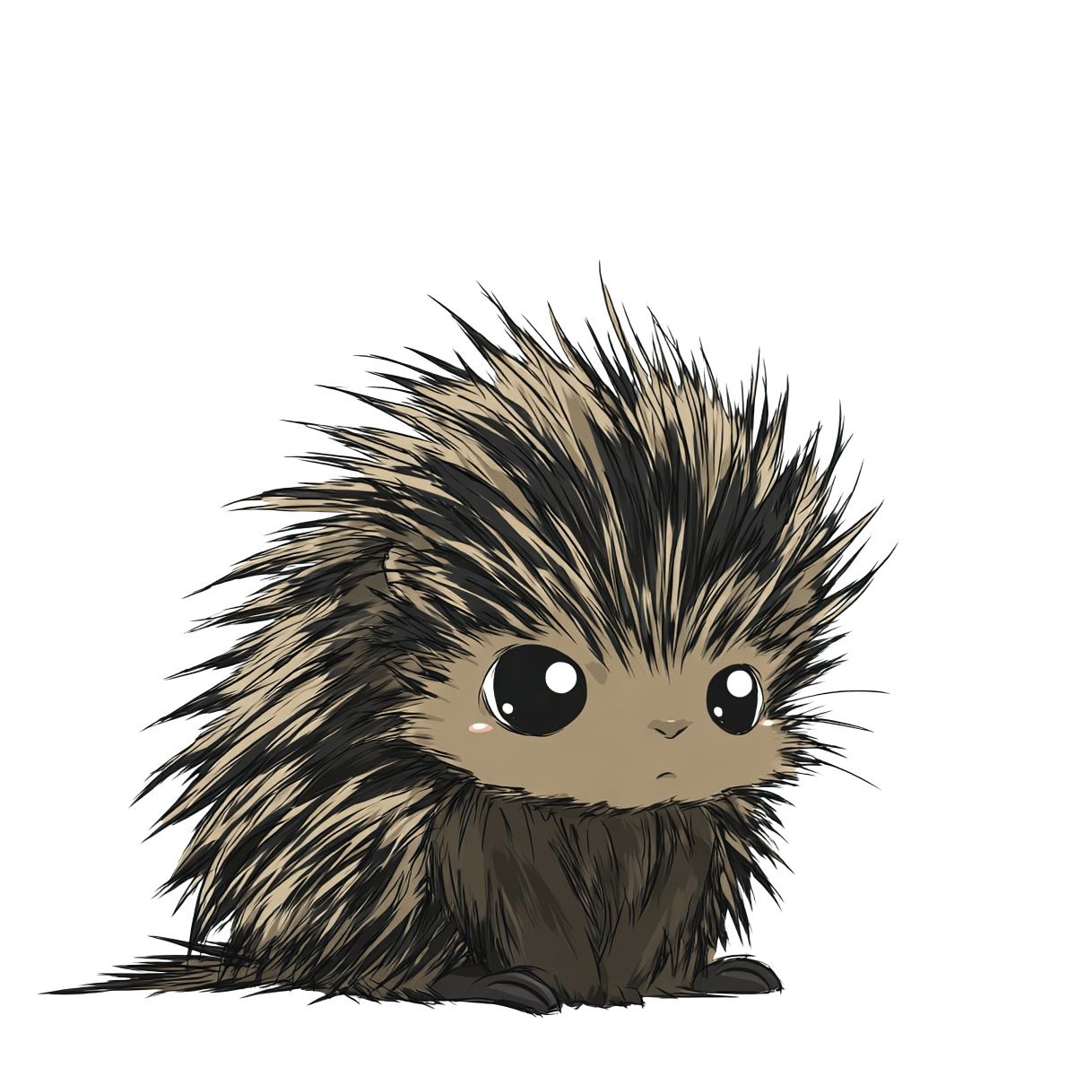 Porcupine with detailed quills, brown fur, and large dark eyes in a digital style.