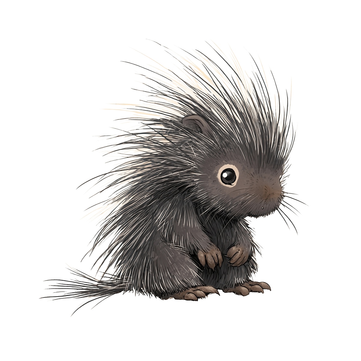 Porcupine with detailed quills in a seated position, grey and white.