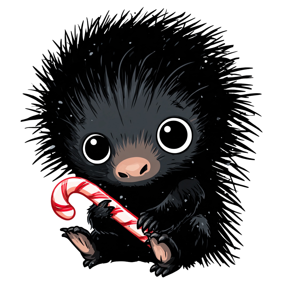 Porcupine clipart holding a red and white candy cane with black fur.