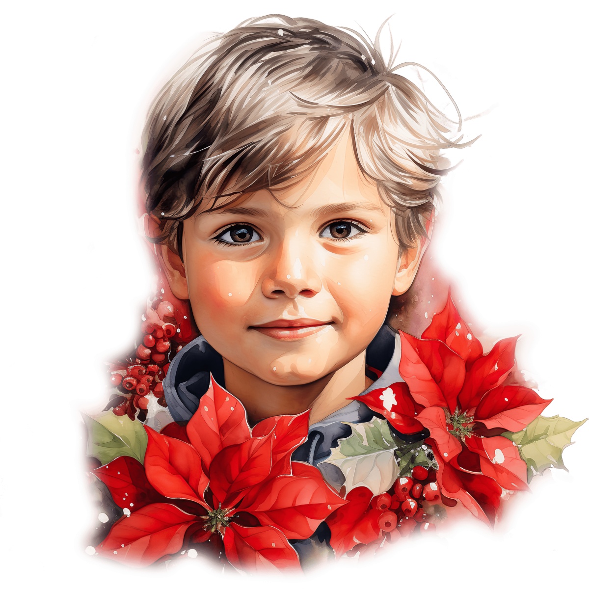 Young child with white hair and red poinsettias around them, festive theme.