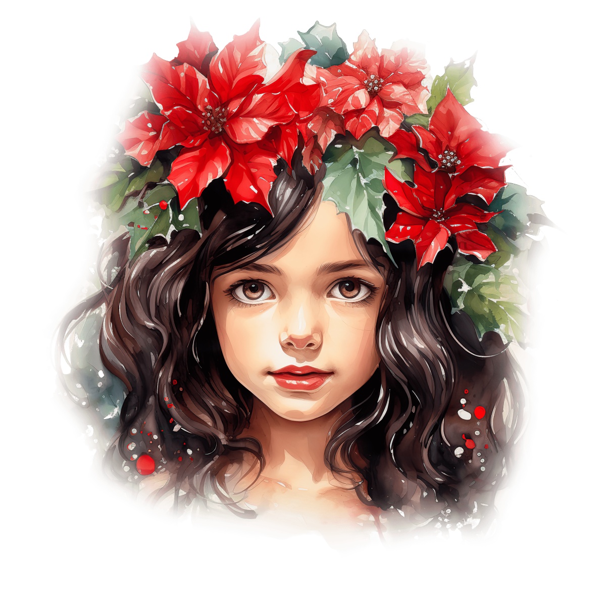 Illustration of a girl wearing a poinsettia and holly wreath.