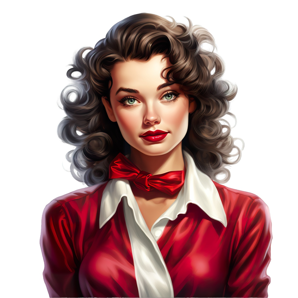 Woman with curly hair wearing a red outfit and bow tie.