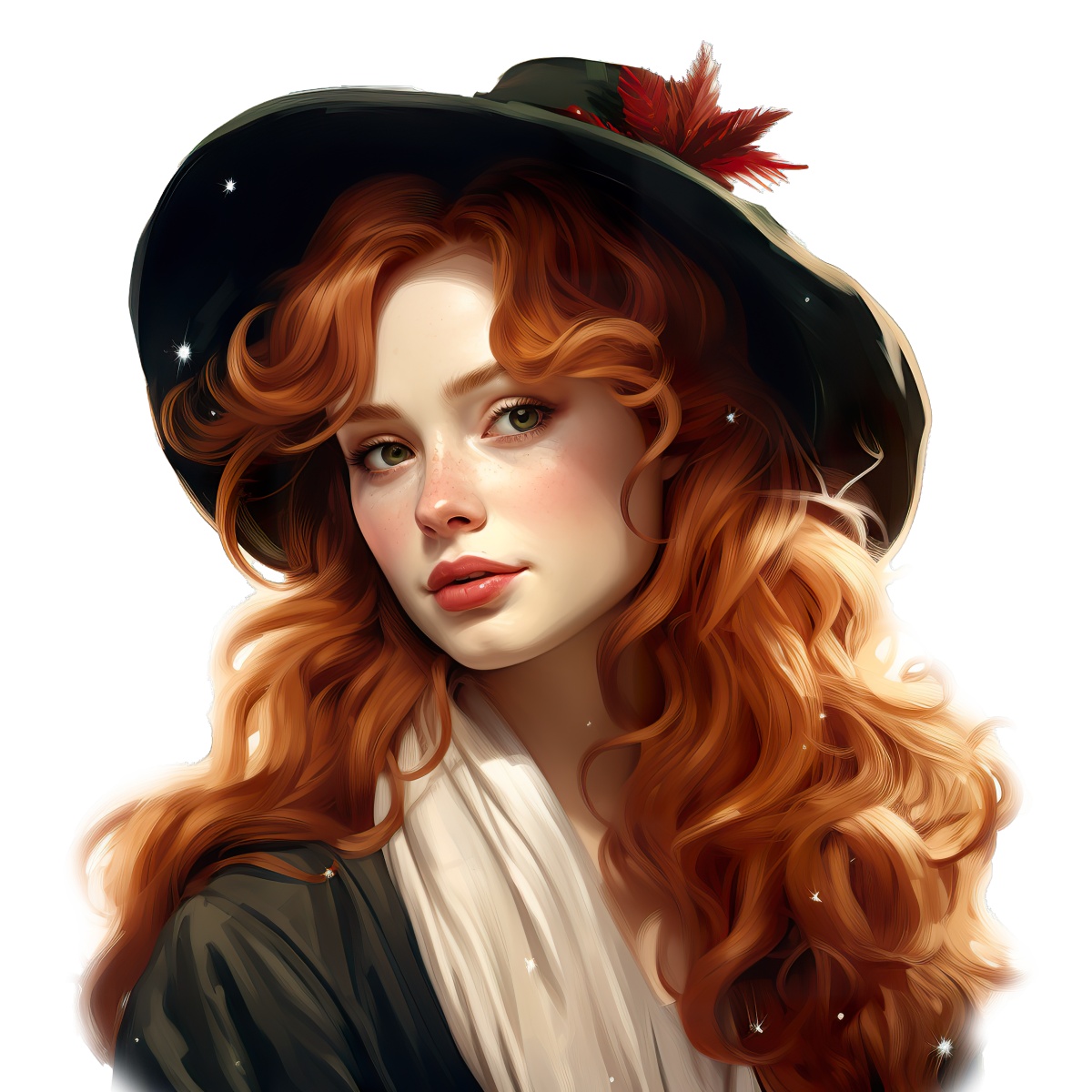 Woman with red hair and black hat featuring feather detail.