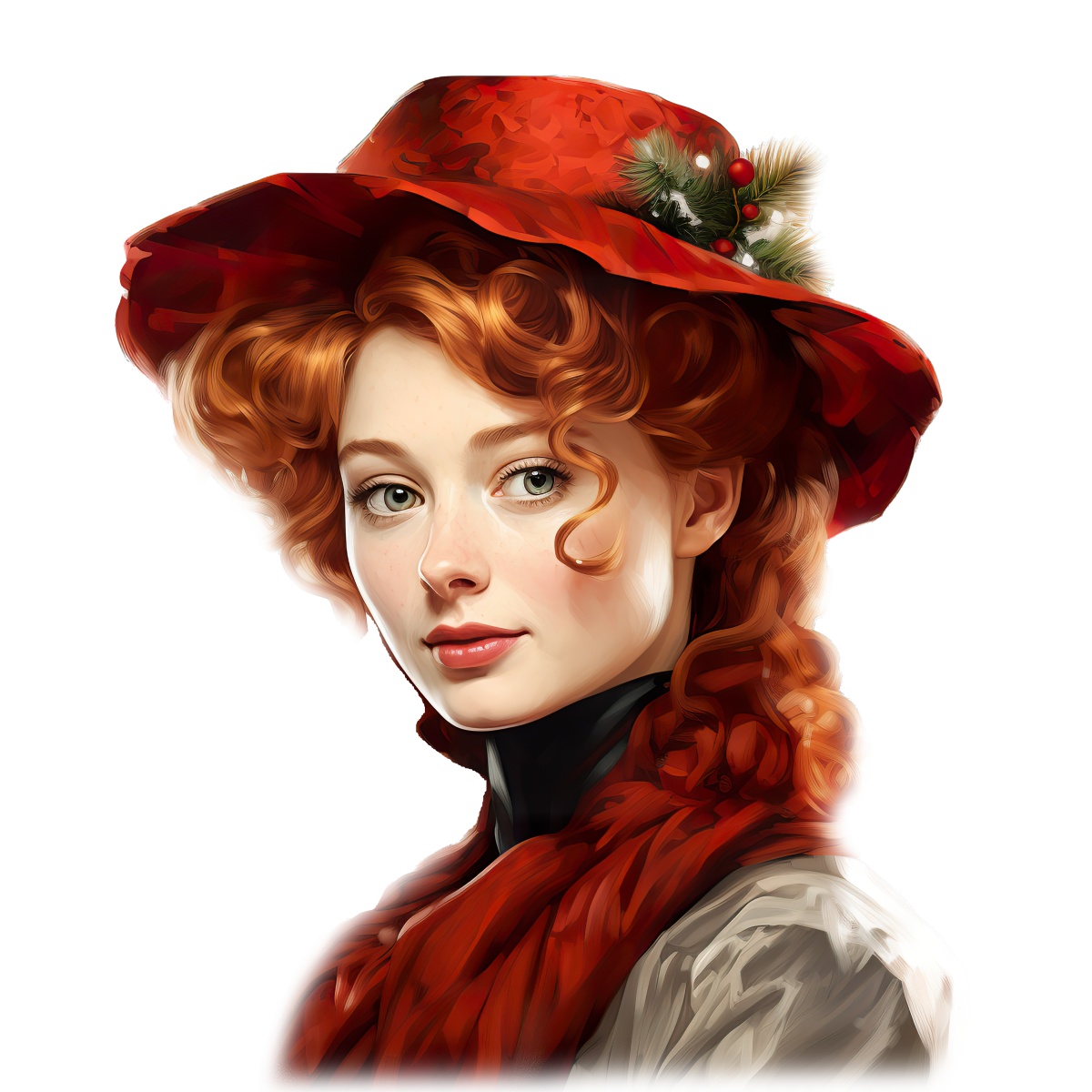 Portrait of a woman wearing a red hat and scarf with curly hair.