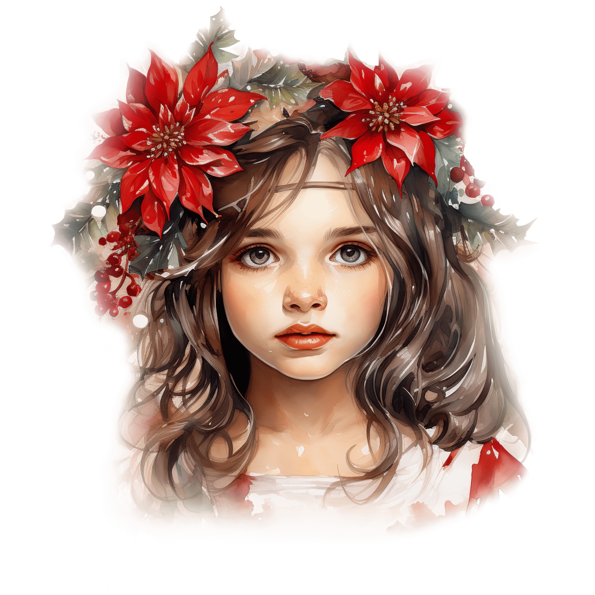 Young girl with poinsettia headdress representing Christmas holiday themes.