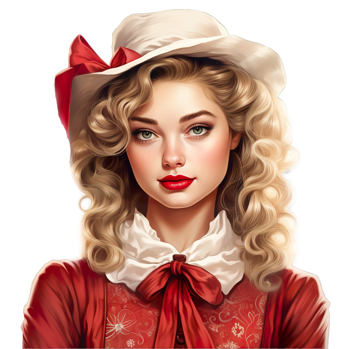 Portrait of a woman with blonde hair in a white hat with a red ribbon.