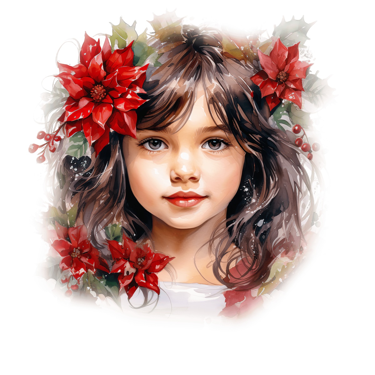 Portrait of a brunette girl with red poinsettias and green leaves in her hair.
