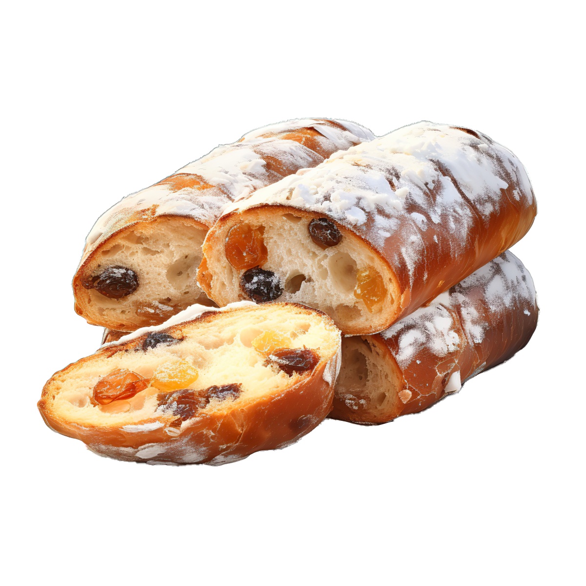 Sliced raisin bread with powdered sugar on a black background showing fruit.