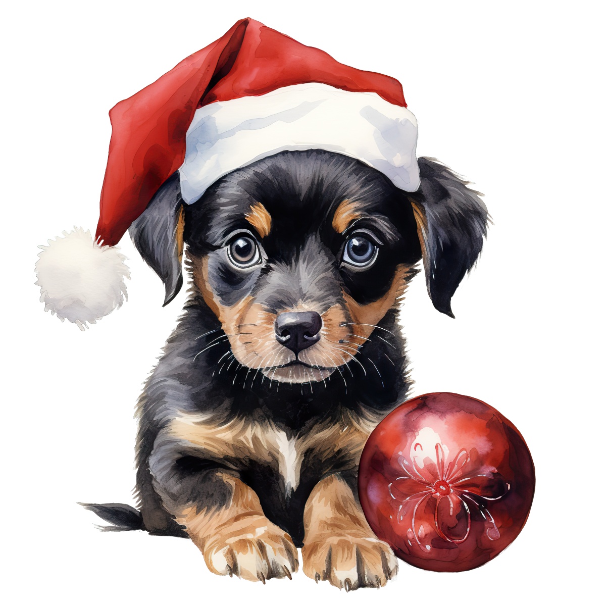 Black and brown puppy wearing a Santa hat next to a red ornament.